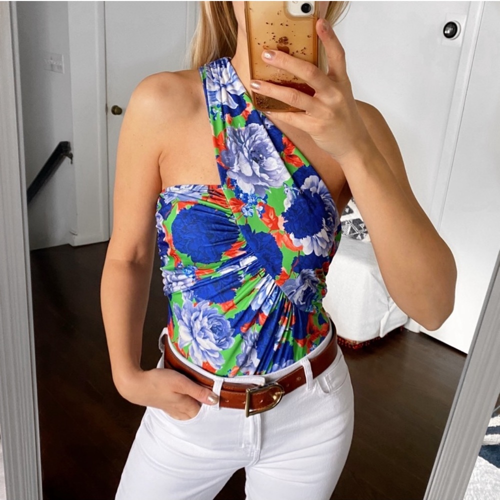 ZARA BLUE MULTI FLORAL ASYMMETRICAL BODYSUIT!